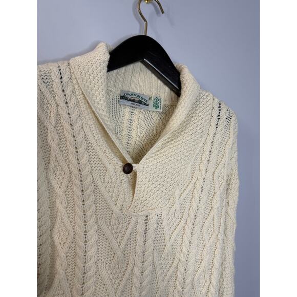 Aran Crafts Shawl Collar Wool Cable Knit Fisherman Sweater Ivory Men's XL - Picture 5 of 10